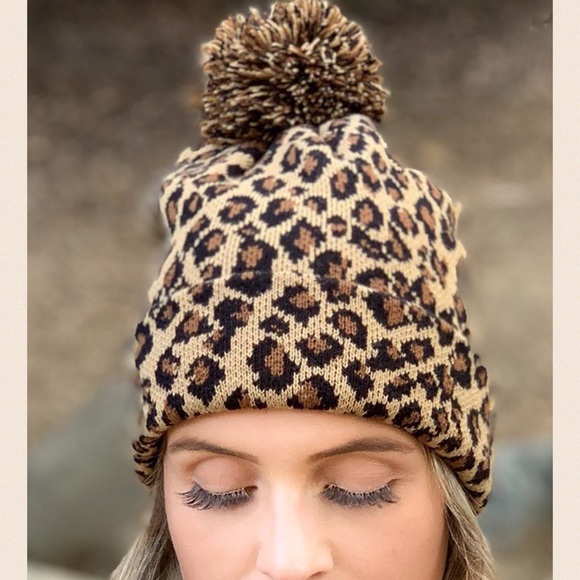 Leopard Print Knit Beanie with Pom Pom - Picture 7 of 7